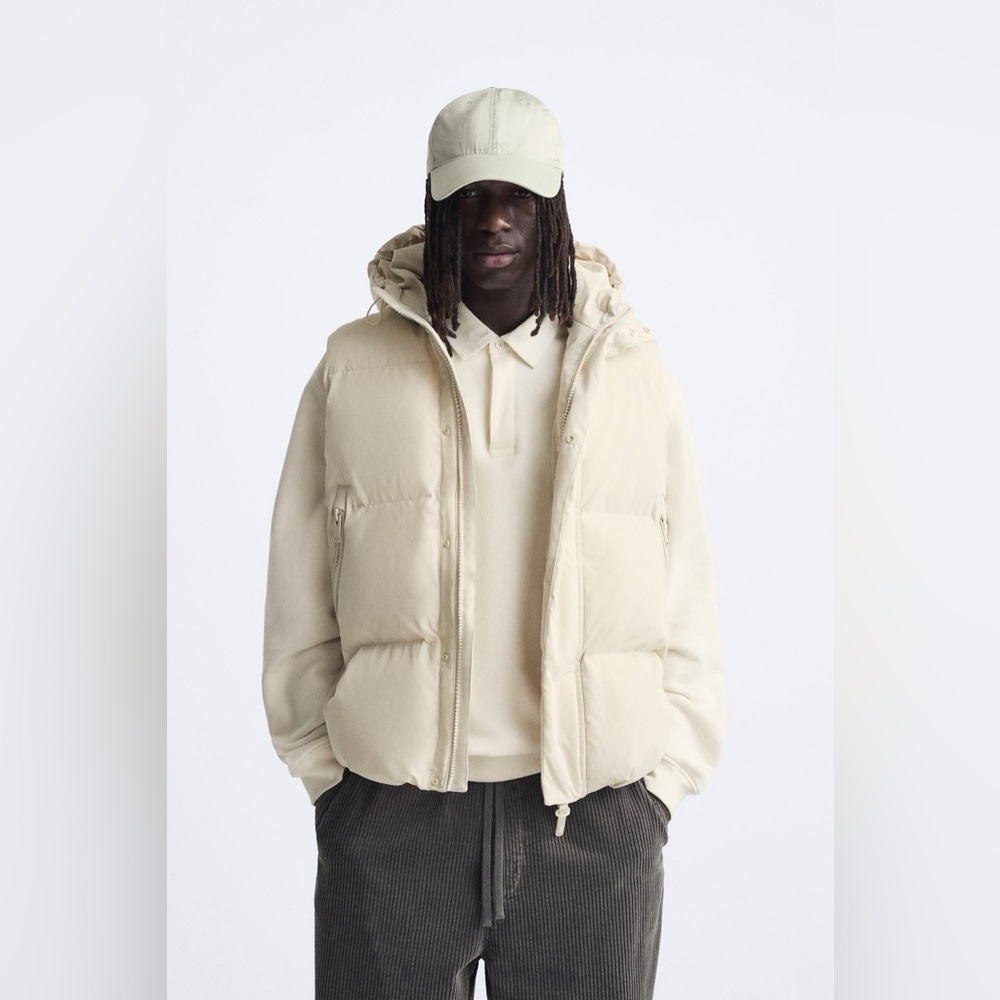 ZARA Men's Cream Hooded Puffer Jacket Vest new